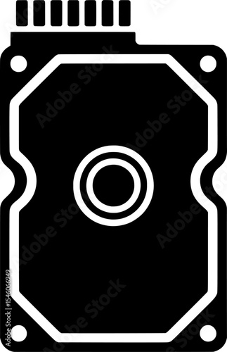 Stark black outline of solid state drive with angular frame and port, perfect for cutting-edge storage icons and tech designs