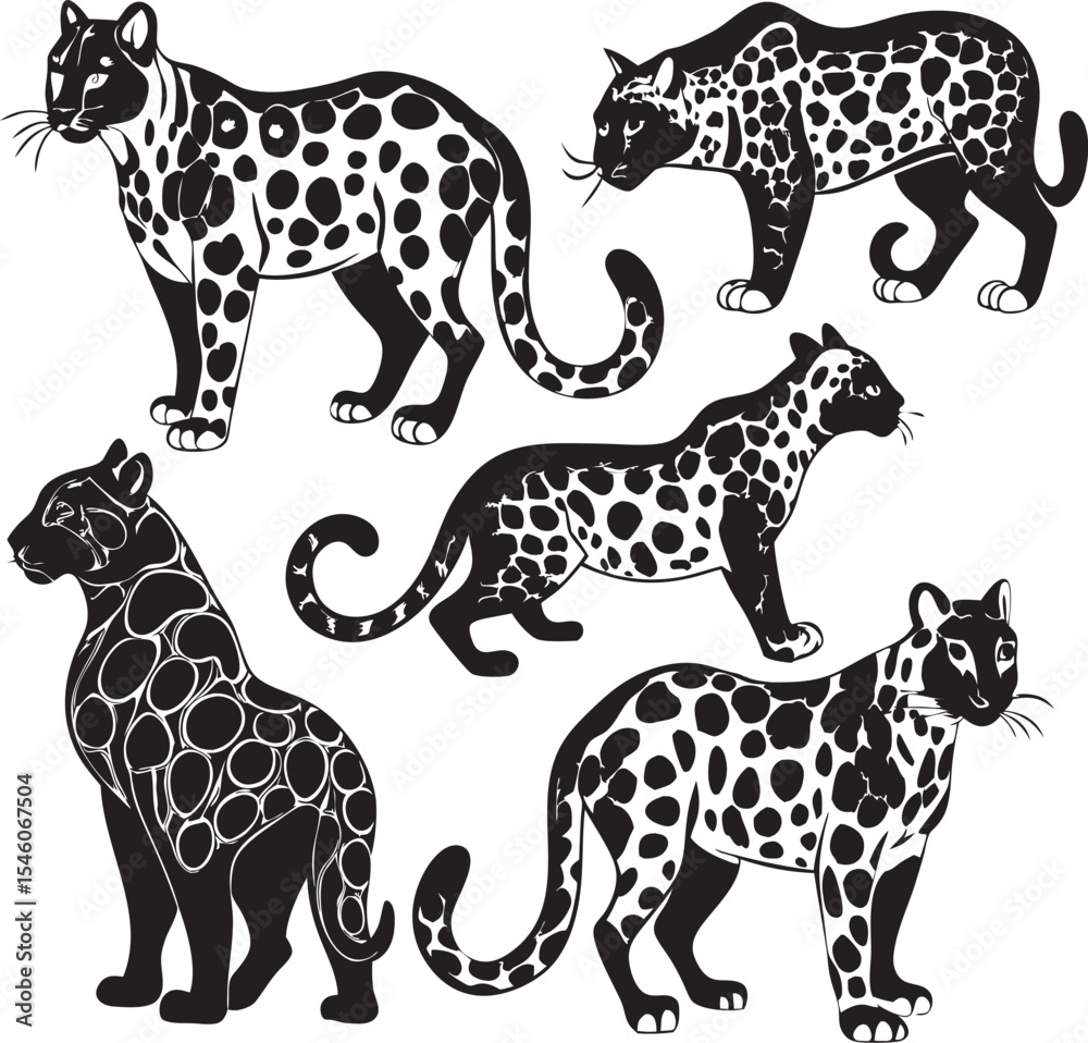 Obraz premium A collection of stylized leopard illustrations, showcasing the animal's distinct spots and powerful presence in dynamic poses.