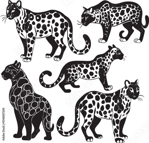 A collection of stylized leopard illustrations, showcasing the animal's distinct spots and powerful presence in dynamic poses.