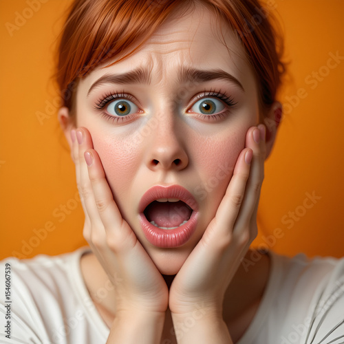 Close-up shocked speechless redhead woman, drop jaw gasping, touch cheeks embarrassed shook, look pity shame, stare camera astonished, surprised hear disturbing news, orange background
