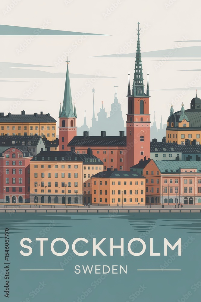 Fototapeta premium Vintage Travel Poster of Stockholm Old Town and Riddarholmen Church, Sweden