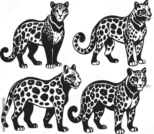 A collection of stylized leopard illustrations, showcasing the animal's distinct spots and powerful presence in dynamic poses.