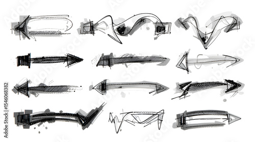 Marker arrows in sketch style, underline,  lines, emphasis, waves set. Hand drawn brush arrow check mark underline. Vector freehand illustration on white background.
