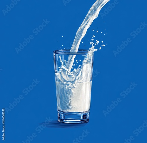 Milk pouring into a glass, creating a splash against a vibrant blue backdrop.  The image is clean, crisp, and highlights the liquid's texture