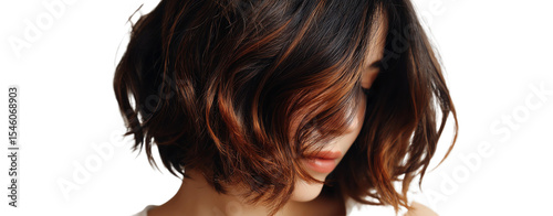 Soft Bounce Bob Style, Cowboy copper highlights black hair tucked under bob, cowboy copper highlights soft bounce bob on white, cowboy copper highlights black hair bob style backdrop