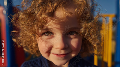 Curly-haired child in vibrant playground setting with colorful play structures. Authentic childhood joy for toy packaging, amusement park ads, preschool campaigns, or family brand marketin