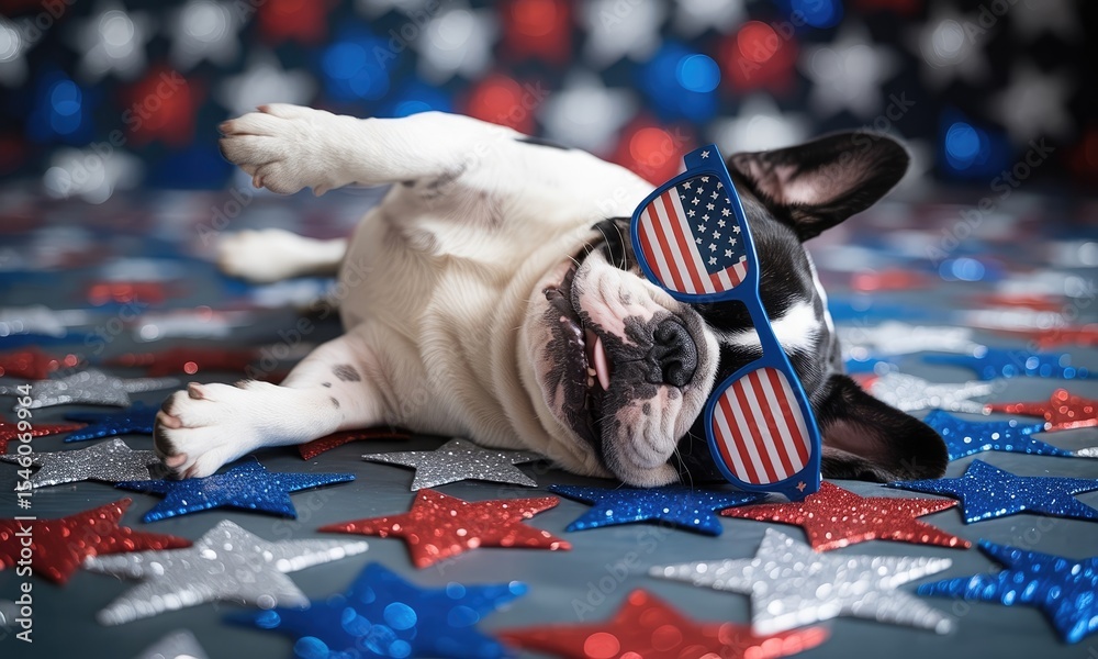Obraz premium Cute french bulldog puppy wearing patriotic sunglasses