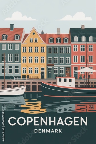 Vintage Travel Poster of Nyhavn Harbor and Colorful Houses, Copenhagen, Denmark

