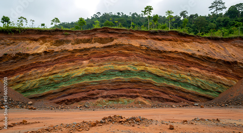 A geological cross-section of an exposed laterite nickel deposit, revealing colorful layers of reddish soil and green rock.