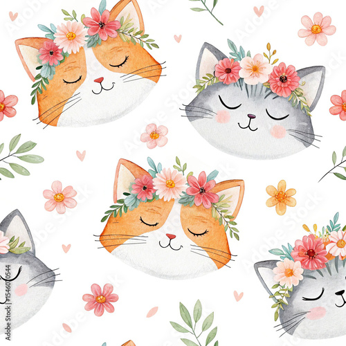seamless watercolor pattern cats on white background	
