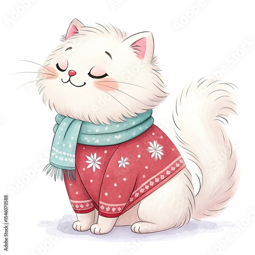 seamless watercolor pattern cats Put on a sweater on white background	
