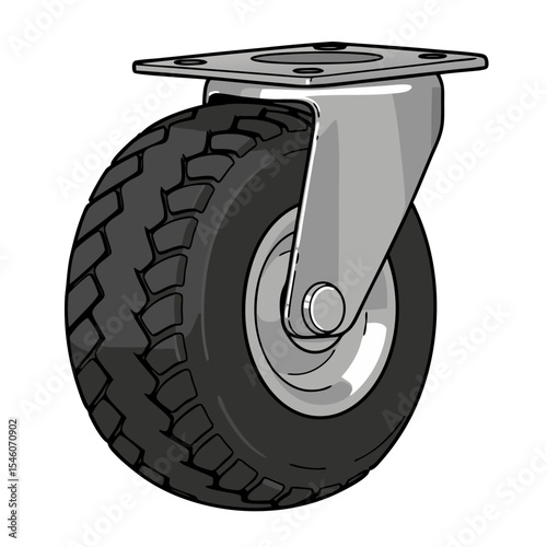 Heavy-duty roller with textured tire and metal bracket, isolated vector icon of an industrial equipment part on a transparent background
