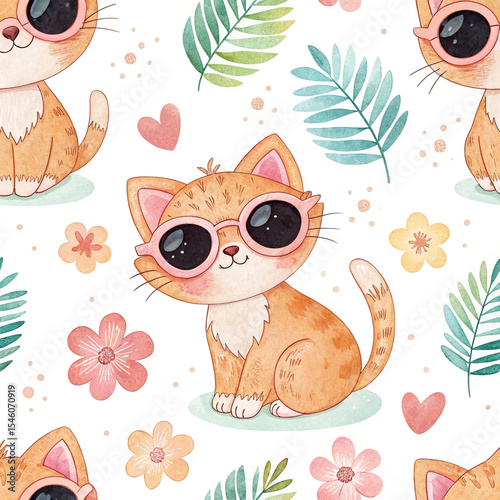 seamless watercolor pattern cats Wear glasses on white background	

