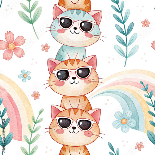 seamless watercolor pattern cats Wear glasses on white background	
