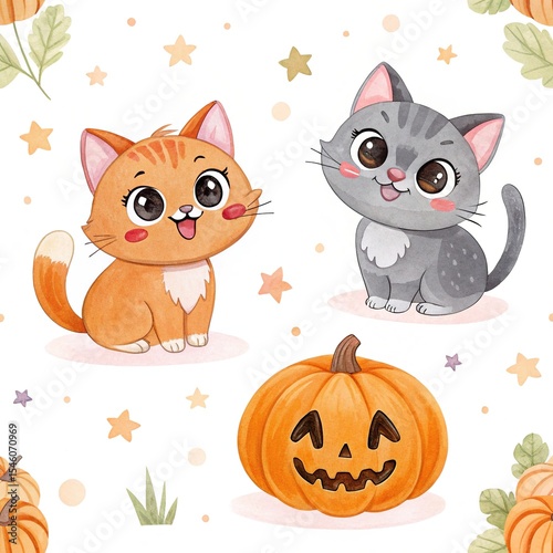 seamless watercolor pattern cats with pumpkin on white background	
