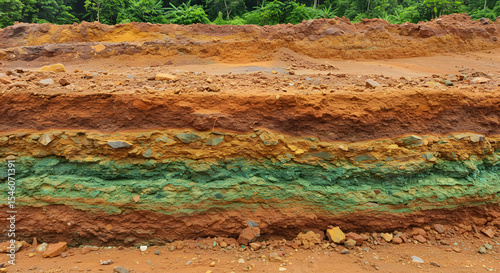 A geological cross-section of an exposed laterite nickel deposit, revealing colorful layers of reddish soil and green rock.