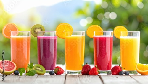 under 200 characters): Five colorful glasses of fresh fruit juice with slices of citrus and berries on a wooden table outdoors, surrounded by natural sunlight and greenery.