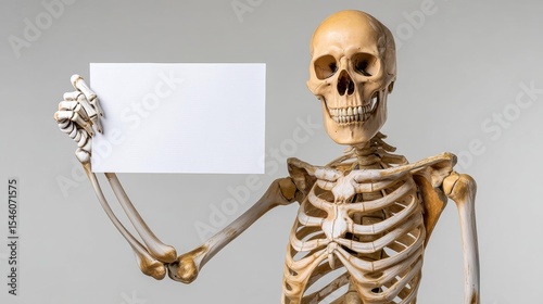 Skeleton is holding a blank white sign in its hand. The skeleton is positioned in a way that it is holding the sign up to the camera, as if it is trying to communicate something