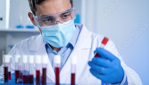 A scientist wearing safety gear examines a blood sample in a laboratory setting with several test tubes in front of him.