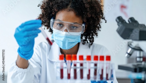 A scientist in protective gear examines a blood sample in a laboratory, surrounded by test tubes and a microscope.