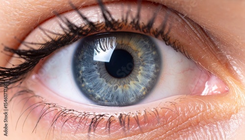 A close-up image of a blue human eye, highlighting detailed iris patterns, eyelashes, and natural skin texture.
