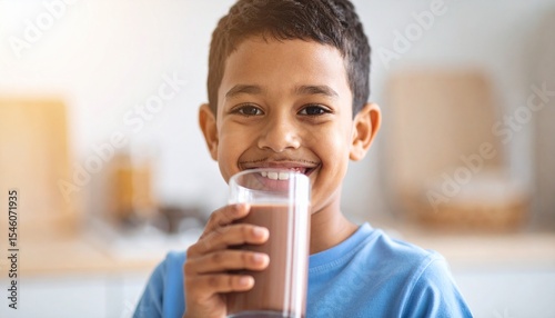 A happy little boy with a chocolate mustache smiles brightly as he drinks a glass of delicious chocolate milk in a sunlit kitchen, enjoying the simple treat.