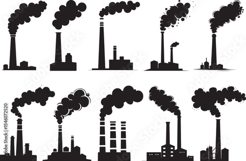 Smoke factory chimney vector. Air pollution icon illustration. Flat, industry power plant and smog black silhouette isolated on white background