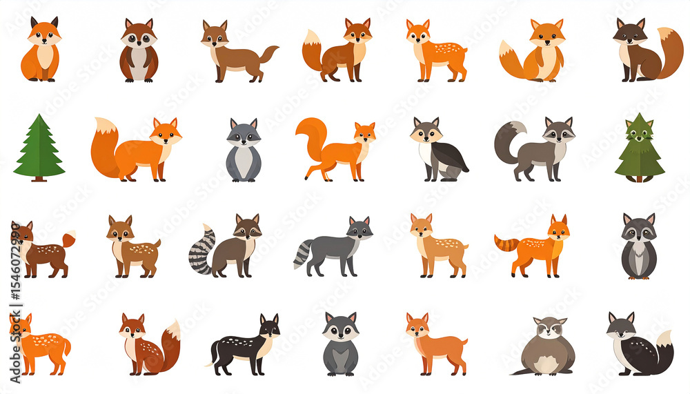 Fototapeta premium A collection of stylized fox and raccoon illustrations, varying in color and pose, alongside two evergreen trees, all set against a white background