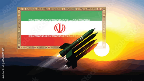iranian flag with emblem and three missiles launching at sunset, symbolizing national power, military strength, and geopolitical tension