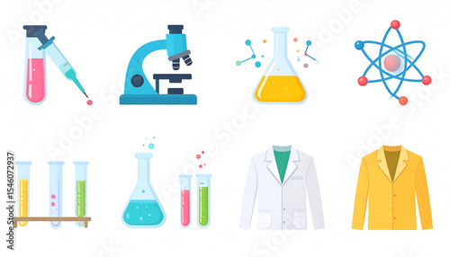 Colorful cartoon illustrations of lab equipment, including microscopes, beakers, test tubes, syringes, and lab coats, representing science and research