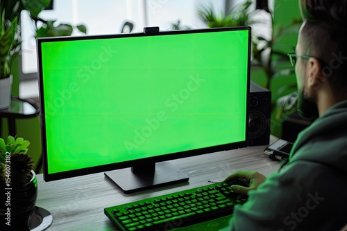 High Detail Image of Photographer Working on Green Mockup Screen Computer