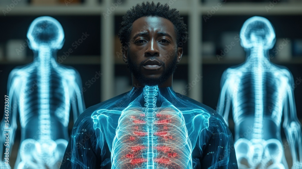 Man with overlayed x-ray of chest and lungs Man with overlayed x-ray of chest and lungs