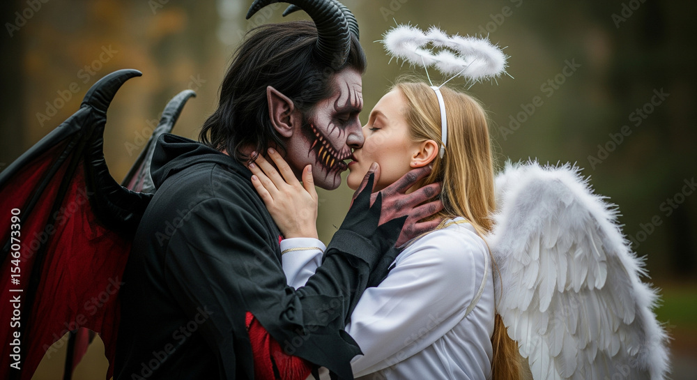 Obraz premium Halloween costume, male demon and young female angel in revealing clothing kissing, love, party, lovers