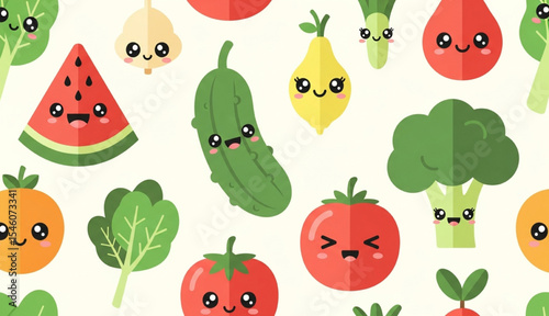 Cute cartoon vegetable and fruit seamless pattern background