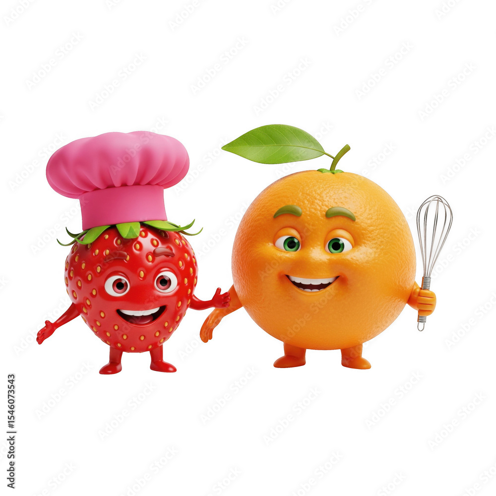 Fototapeta premium Animated strawberry chef and orange baker character illustration on dark backdrop