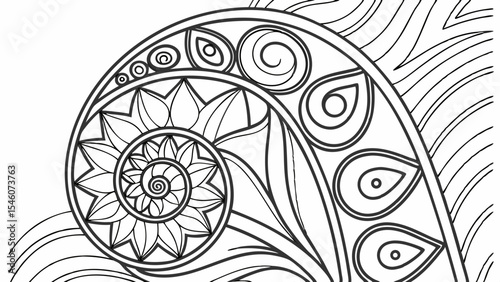 Detailed black and white spiral design with floral and teardrop elements in a complex pattern art