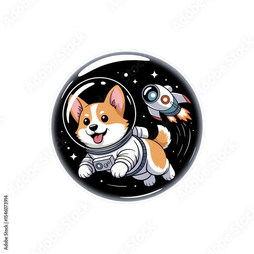 Corgi in a spacesuit joyfully flying through space with a rocket