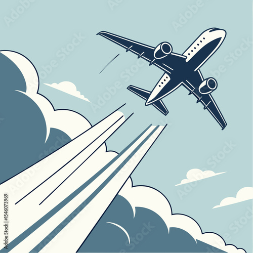 Airplane taking off from runway near control tower with clouds in the sky and contrails drawn behind it