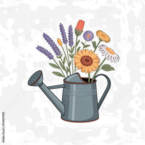 Watering can filled with colorful flowers placed against a light background in a classic garden setting