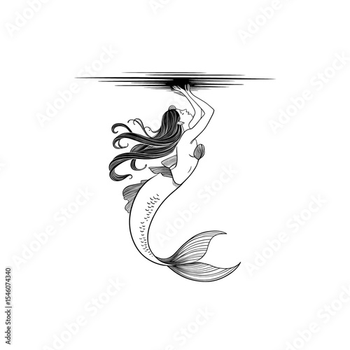 Mermaid swimming gracefully beneath the surface of a tranquil sea at twilight, surrounded by gentle waves