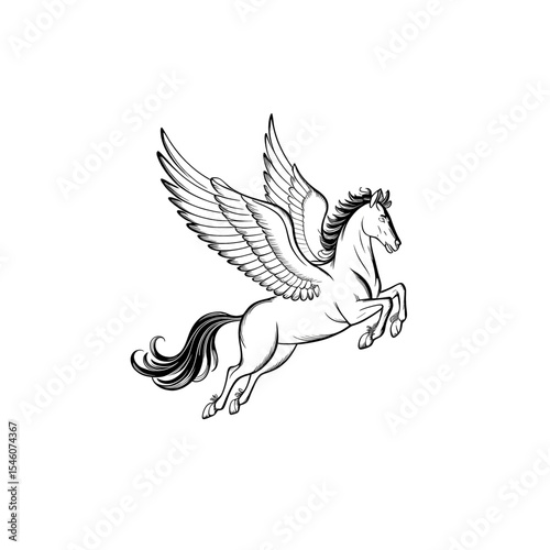 Majestic winged horse Pegasus soaring through the sky in a dynamic leap, symbolizing freedom and imagination