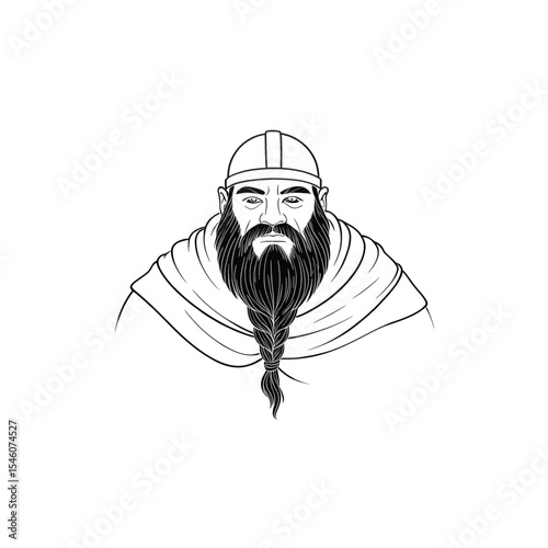 Black and white illustration of a strong dwarf holding a pickaxe in a determined posture, showcasing strength and labor