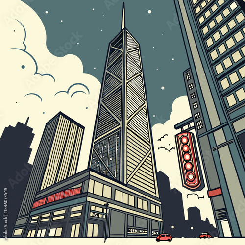 Illustration of a cityscape with tall buildings, a crescent moon, and fluffy clouds in the sky above