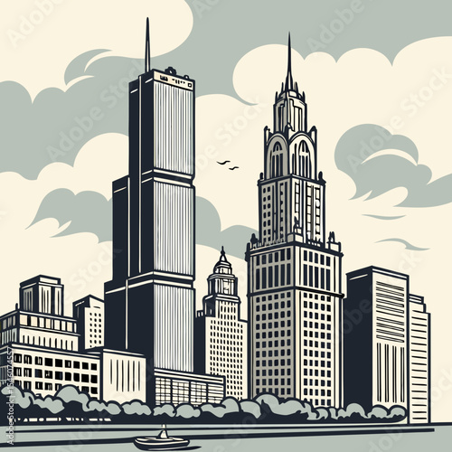 Illustration of a cityscape with tall buildings street lamps cars and cloudy sky in a comic book style art 100