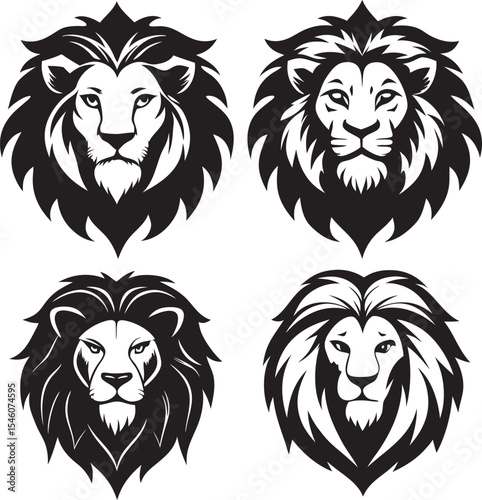 A collection of majestic stylized lion illustrations, depicting the regal animal in poses, showcasing its powerful and iconic features