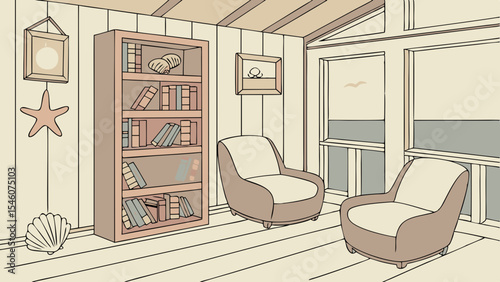 Illustration of a coastal living room with bookshelves armchairs and decorative sea elements present inside