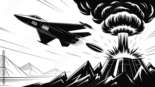 Military jet soaring above erupting volcano with explosion, pyramids, and mountains in dramatic black and white landscape illustration