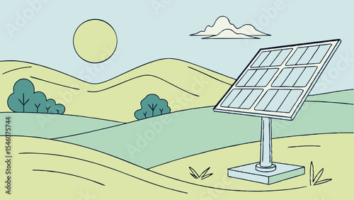 Illustration of a solar panel in a field with rolling hills and a sun in the sky on a bright day view
