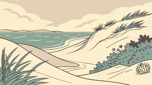 Illustration of a sandy beach with dunes and vegetation under a cloudy sky and calm ocean view