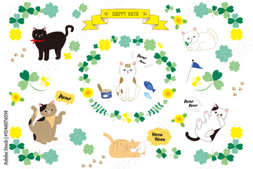 Playful Cats in Happy Days Theme Whimsical Illustration Print